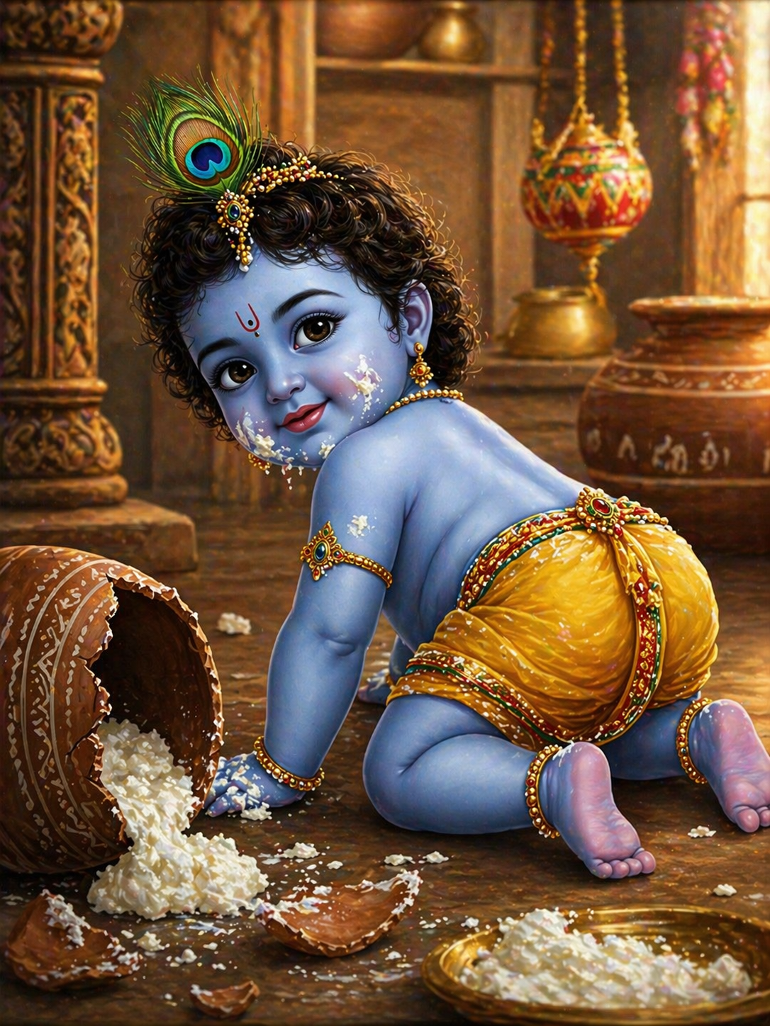 Baby Krishna Bal Gopal crawling with butter on face and broken butter pot mischievous smile